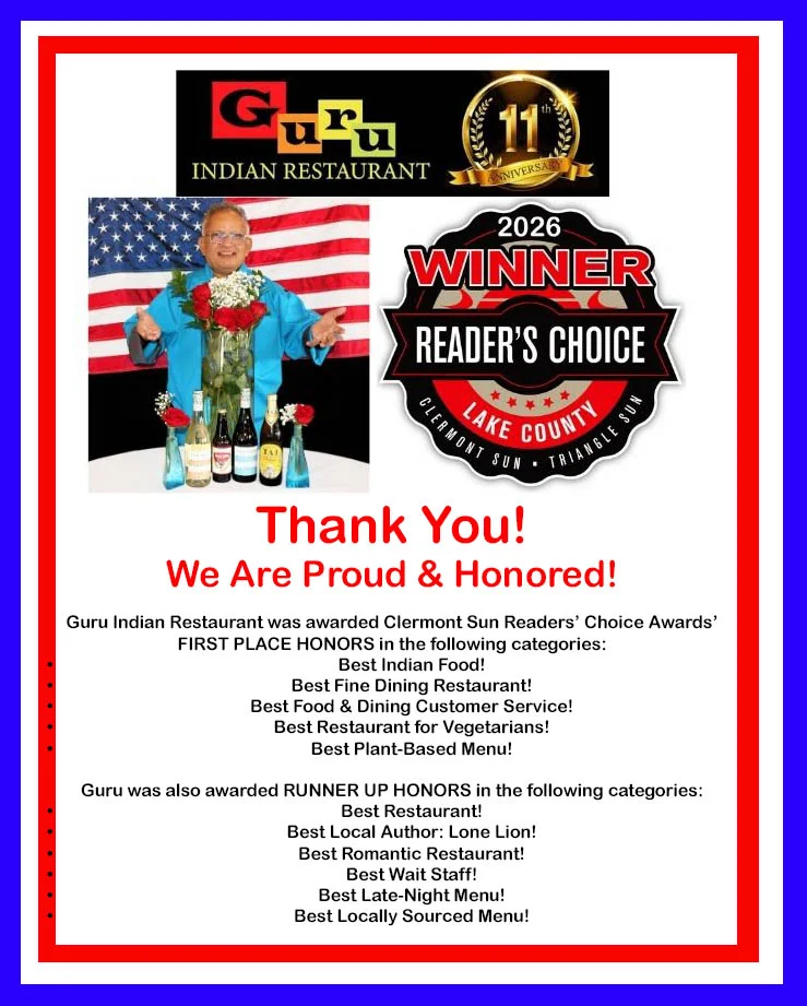 Guru Indian Restaurant Clermont Sun 2026 Reader's Choice Award Winner
